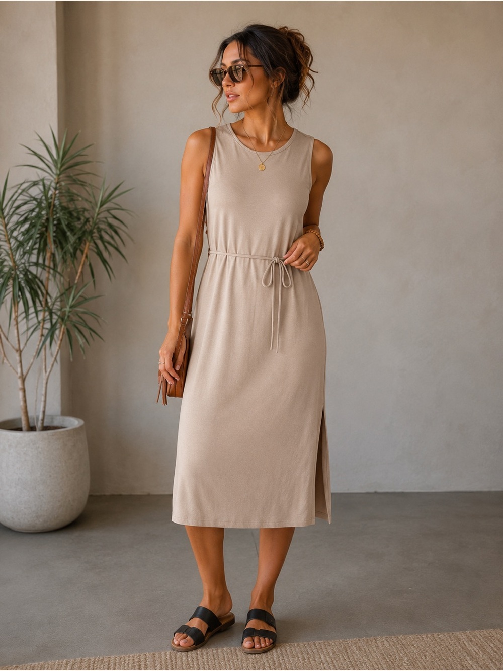 41 Hawthorn Inga Beige Sleeveless Belted Side Slit Midi Dress Neutral Minimalist